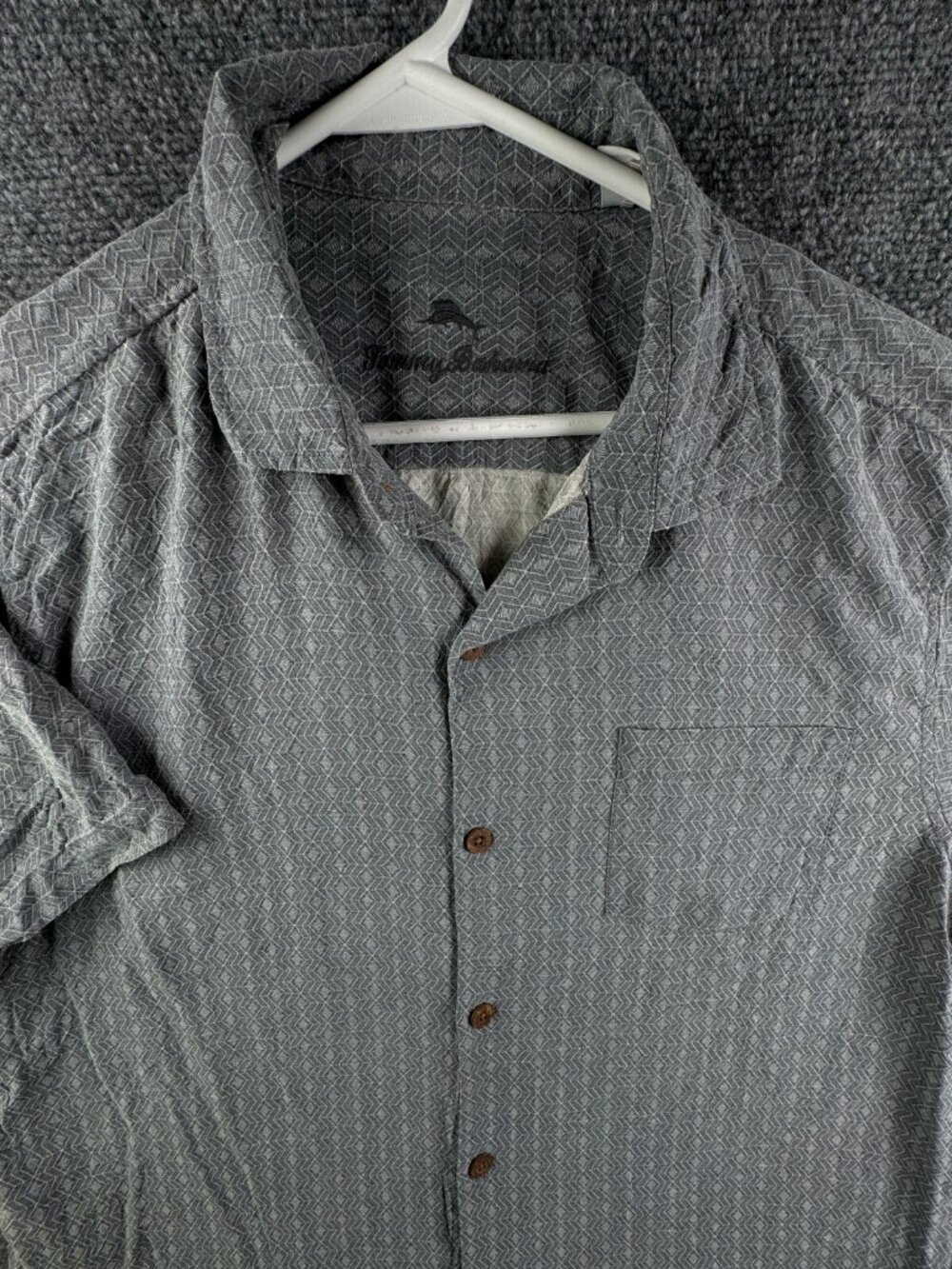 Tommy Bahama Men Short Sleeve Button Up Shirt 100% Silk Gray Geometric Large